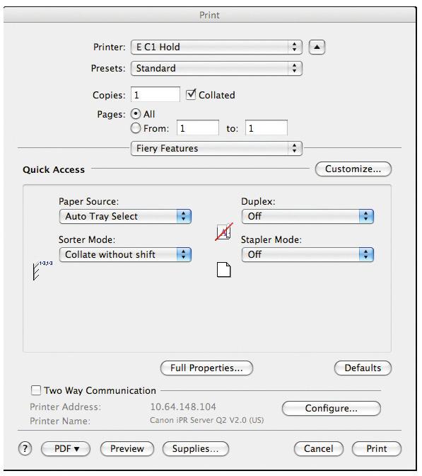 4 ONE-PASS PRINTING OPTION To Print 1. Open the Print dialog box. (Fig. 4) 2. Select the imagepress Server Q2 and click Printer..., located on the bottom of the Print dialog box. 3.