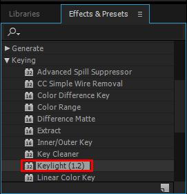 By doing so, this will also create a new composition. Figure 21 - Dragging a File to the Timeline 3. Go to the Effects & Presets Panel>Keying>Keylight.