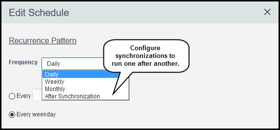 After Synchronization has been added as an option to Edit Schedule to allow a synchronization to run after another synchronization finishes.