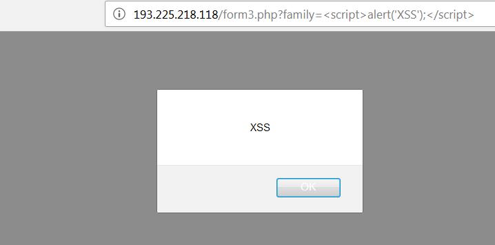 XSS in URL If the vulnerable input parameter is passed in the URL then the XSS payload is placed in the url. It is a perfect way to send misleading links. http://193.225.218.118/form3.php?