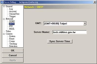 Function GMT (Greenwich Mean Time) Server Name Sync Server Time Once users choose the time zone, the network camera will adjust the