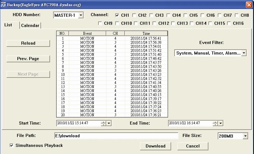 REMOTE OPERATION Function HDD Number / Channel Download by Time Download by Event File Path Description Specify the hard disk (HDD Number) and channel number (Channel) within which have the video