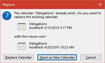 If an older version of the calendar is already open, Outlook will display a prompt to