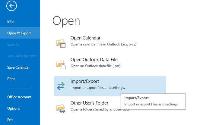 Outlook Option 2 The other option is to import it directly into your main calendar. To do this: 1. Select File, Open & Export, Import / Export. Select Import an icalendar and then select Next. 2. Navigate to where the file is saved and then select Open.