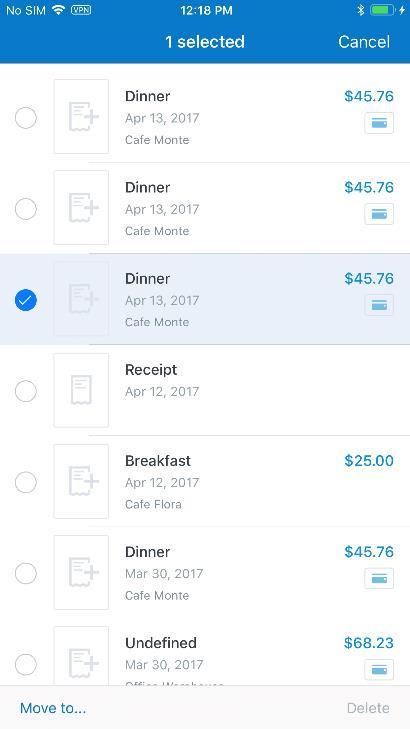 Delete an Expense From the Expenses Screen You can delete one or more mobile expenses from the Expenses screen.