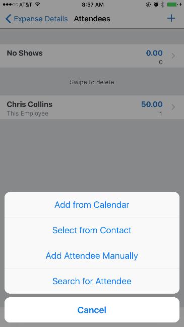 Add/Edit/Delete Attendees After an expense has been added to a report, you can add attendees to the expense. 1) On the Report screen, tap to open the desired expense.