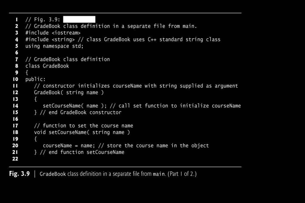 9, notice that it contains only the GradeBook class definition (lines 8 38), the appropriate header files and a using declaration.