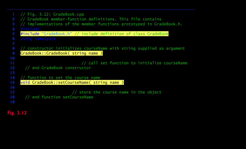 Implementation Source-code file GradeBook.cpp (Fig. 3.12) defines class GradeBook s member functions, which were declared in lines 12 15 of Fig. 3.11.