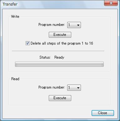 Chapter 7 Data Transfer Chapter 7 Data Transfer On the Sequence menu, click Transfer to open the Transfer dialog box. Fig. 7-1 Send window You can write the sequence data for the program 1 to 16.
