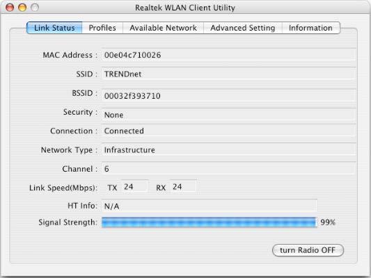 MAC OS X UTILITY This section describes how to install the driver and utility for the High Power 150Mbps Wireless N USB Adapter with MAC OS X operating system Link Status MAC Address: Shows the MAC