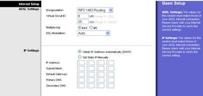 RFC 1483 Bridged Dynamic IP IP Settings. Select Obtain an IP Address Automatically if your ISP says you are connecting through a dynamic IP address.