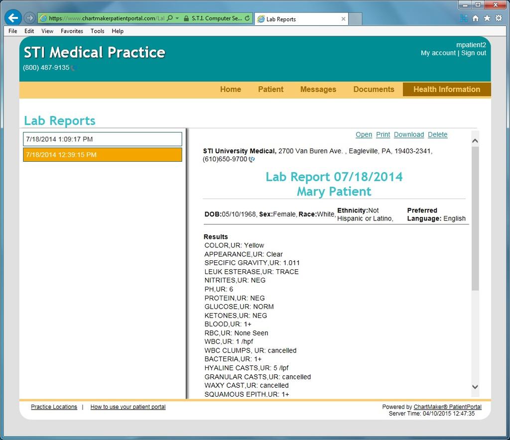 Health Information :: Lab Reports: The Lab Reports page, under the Health Information menu, allows the patient (or patient representative) to view, print, download or delete any lab information sent