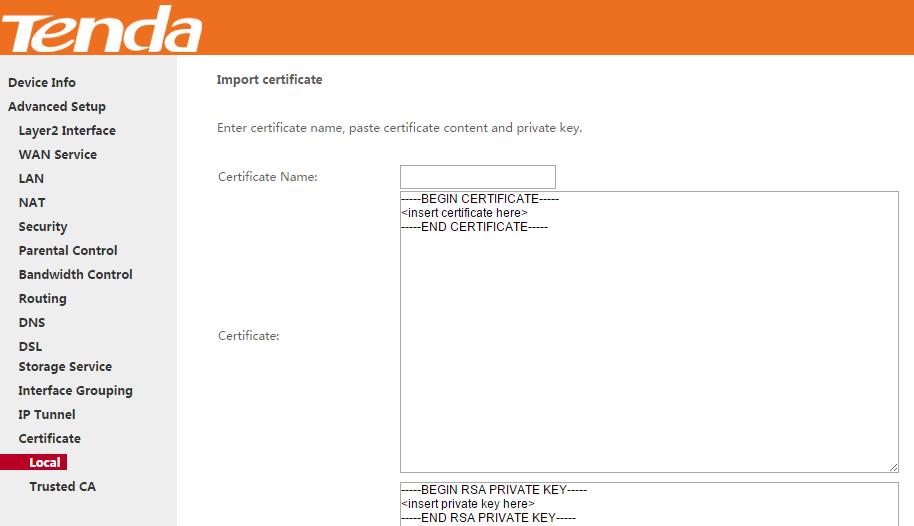 2 3 4 Enter the certificate name. Paste the certificate content and private key. Click Apply to apply your settings.