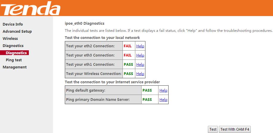 4.4.1 Diagnostics The device is capable of testing the connection to your DSL service provider, the connection to your Internet service provider and the connection to your local network.