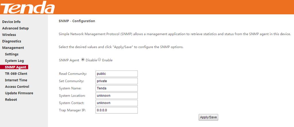 SNMP Agent:Select Enable to activate the SNMP Agent feature or Disable to deactivate it. Read Community: Specify a Read Community string. The default is public.