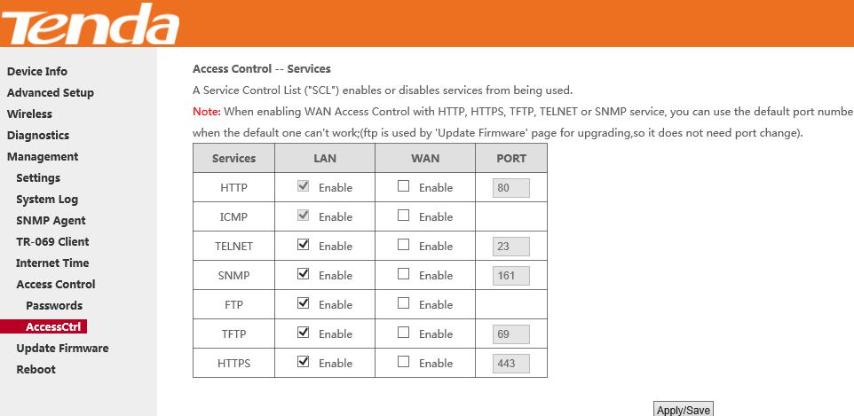 Access Control - Service Here you can manage the device either from LAN or WAN side using HTTP, ICMP, TELNET, SNMP, FTP, TFTP and HTTPS.