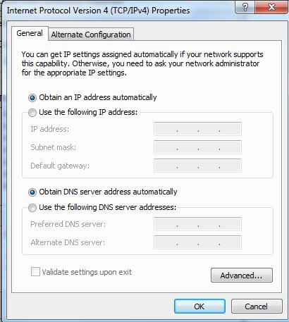 5. Select Obtain an IP address automatically and Obtain DNS server address automatically and click