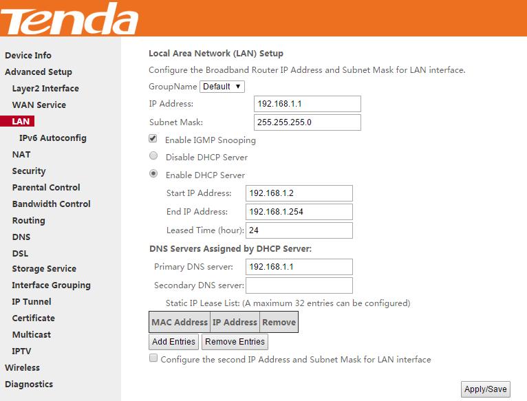 4.2.3 LAN Setup Here you can configure the LAN IP Address and subnet mask. This IP address is to be used to access the device s settings through a web browser.
