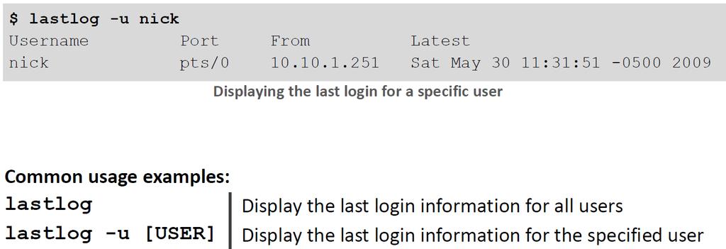 Executing lastlog with no options displays the last login information for all users, as shown in the above example.