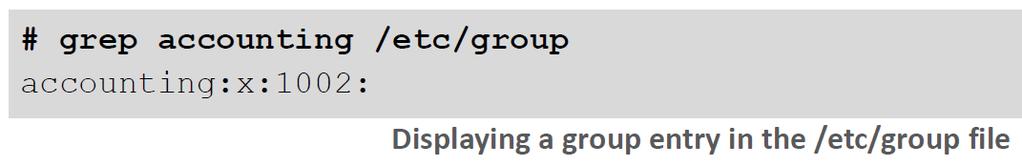 the above example a new group called accounting is created. The resulting group entry in the /etc/group file is displayed below.