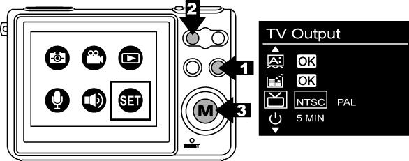 TV Output 1. Under Setting Mode. 2. Press to select TV Output Mode. 3.