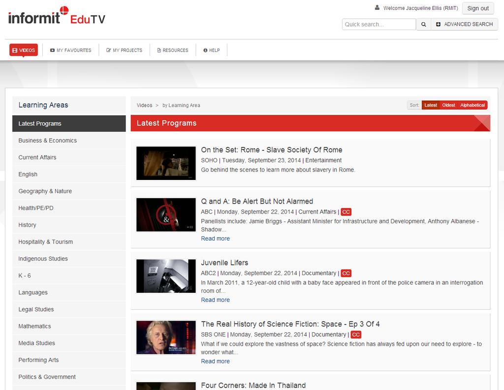 The home page displays the latest video programs added to Informit EduTV.