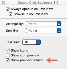 Show View Options Window Show Preview Column Checkbox With this setting, a Preview column will be added to the right side of the Column View Finder window, and the contents of items selected in the