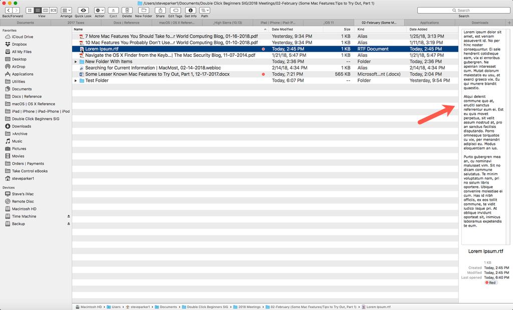 Preview Pane in a Finder Window (List View) Show Preview toggles to Hide Preview (and vice versa) after it s used.