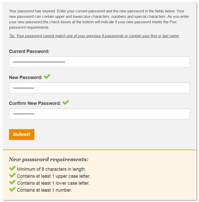 5. You will be prompted to change your password upon successful login. The password should contain the following: - Minimum of 8 characters in length.