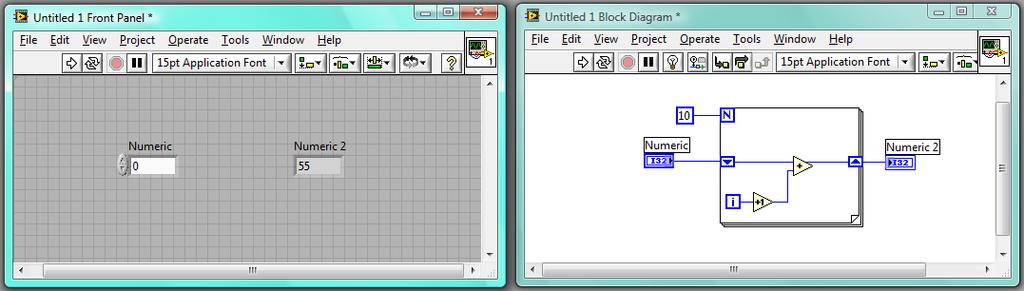 Page 4 Figure 2.3: The front panel (left) and block diagram (right) of a simple program. The front panel is the user interface of this VI, where the program s interactive elements are placed.