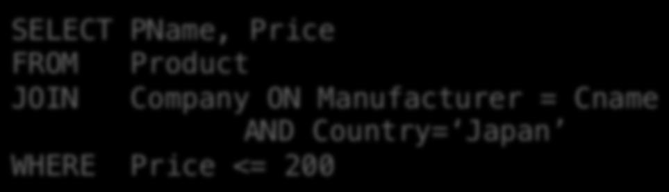 Lecture 3 > Section 2 > Joins: Basics Joins Product(PName, Price, Category, Manufacturer)! Company(CName, StockPrice, Country)!