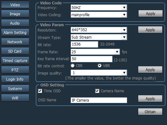 frame interval, video encoding control, and encoding quality can be set. OSD setting: Superimposition name, superimposition time can be set.