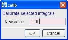 Once an integral is set, a value will appear. To calibrate the integral to a reference number, click on the right mouse between the integral limits and select Calibrate in the window that appears.