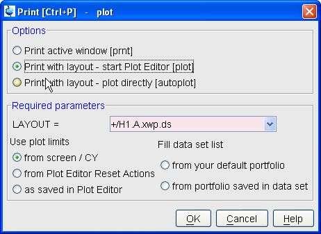 Make sure Print with layout start Plot Editor [plot] is selected and a Layout is selected as well. To select a layout, click on the arrow button.