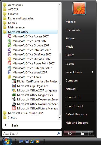 14 Introducing Office 2007 This shows Windows Vista. However, the same folders are added to the Windows XP Start Menu.