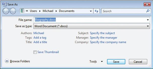 1 2 To save the document, click the Office button and select Save For a document not yet named and saved, the Save As dialog opens and you can provide