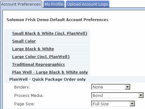 You may set default online ordering information for every service your reprographer offers through the Account Preferences tab.