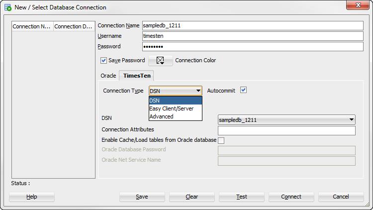 Defining a TimesTen database named connection Figure 3 3 New connection type You are now ready to define your new connection.