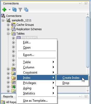 Working with tables Figure 4 9 Creating an index from Tables node You can also right-click the Indexes node and select New Index.