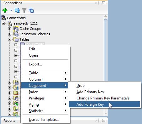Working with tables Figure 4 14 Add Foreign Key The Add Foreign Key dialog displays. The Owner and Name fields are auto-filled and you cannot edit these fields. Prepare to enter the Constraint Name.