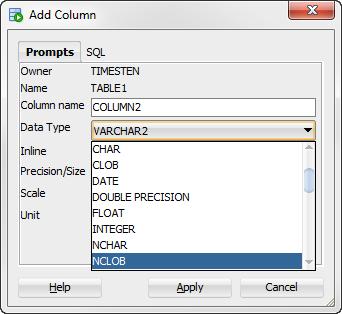 The Add Column dialog appears. In the Add Column dialog, expand Data Type. You see CLOB, NCLOB, and BLOB among the possible choices.