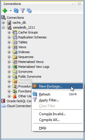 Working with PL/SQL Figure 4 40 Create a new PL/SQL package The Create Package dialog displays. Locate the schema drop-down list. 2.