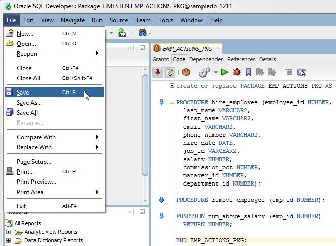 Working with PL/SQL 7. From the File menu, select Save. Figure 4 42 Save the PL/SQL package SQL Developer compiles and saves your PL/SQL package.