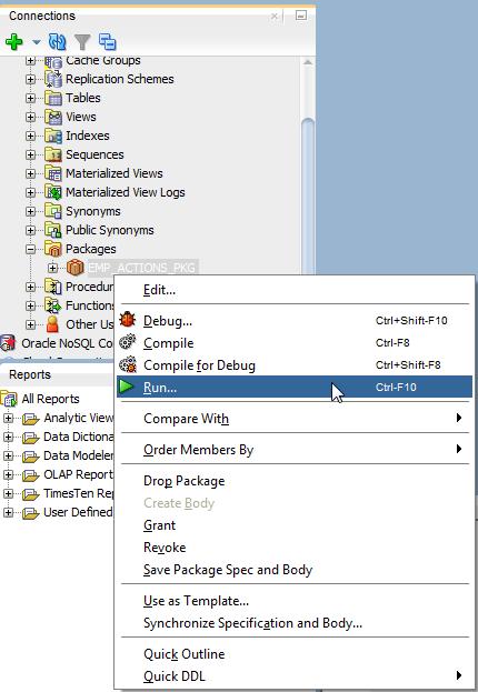 Working with PL/SQL Figure 4 45 Select Run The Run PL/SQL dialog displays. The Run PL/SQL dialog contains three panes: Target - This pane shows all the functions and procedures of your PL/SQL package.