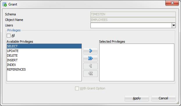 In the Privileges section, select the All check box or click >> to grant all available object privileges on the object to the selected user.
