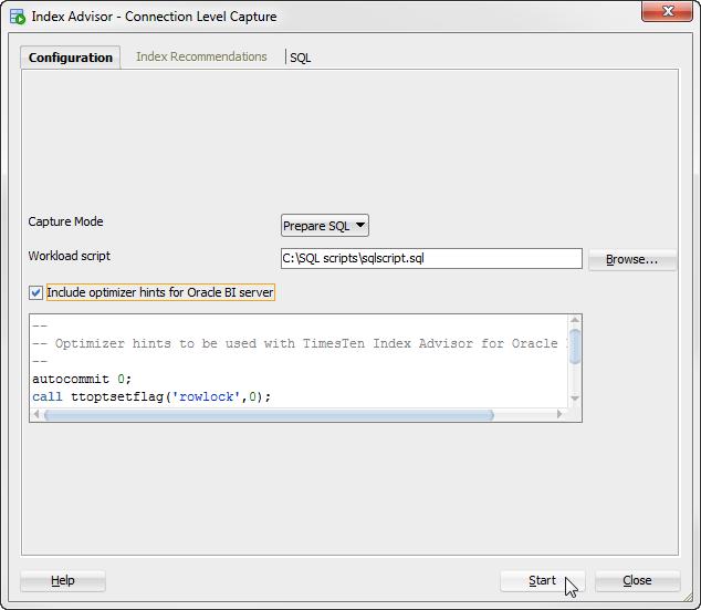 Connection level capture Figure 6 25 Start collecting data for the TimesTen index advisor with optimizer hints The Index advisor assistant progress dialog displays. Locate the Details >> button. 3.