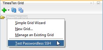 Testing passwordless SSH configuration 1. In the TimesTen Grid view node, right-click the TimesTen Grid folder and select Test Passwordless SSH.