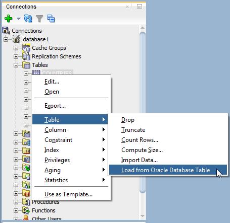 Loading data from an Oracle database table into an existing TimesTen table 1. Click the + located next to Tables to expand the TimesTen tables list. The TimesTen tables list expands. 2.