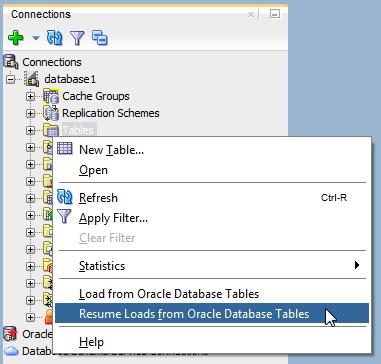 Resume loading data from Oracle database tables Figure 7 17 Select Resume Loads from Oracle Database Tables The Resume Loads from Oracle Database Tables dialog displays. Locate the Browse button. 2.