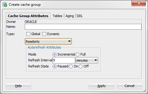 Creating a cache group Figure 9 3 Autorefresh attributes For more information about automatic refresh of cache groups, see "AUTOREFRESH cache group attribute" in the Oracle TimesTen Application-Tier